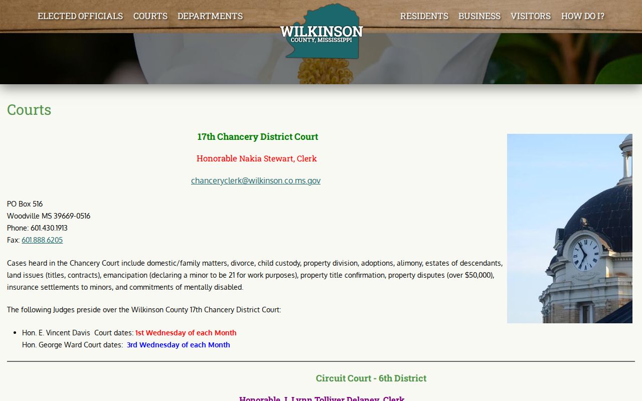 Wilkinson County booking court timing information on the county courts page